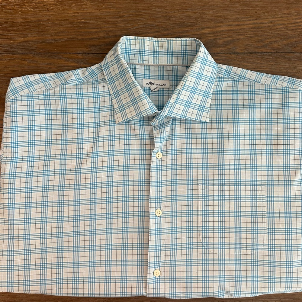 Peter Millar Light Blue and White Short Sleeve Shirt Size XXL Gently Worn
